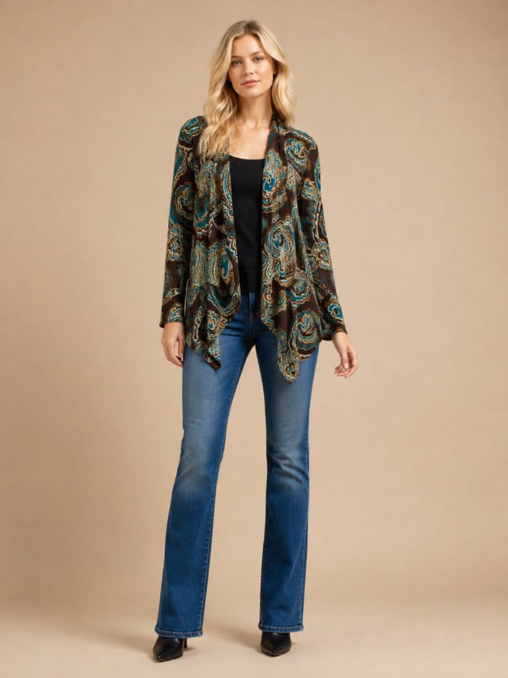 2/$30 Chico's Paisley Print Draped Open Cardigan Brown Teal 8 #A4144 - Picture 1 of 7